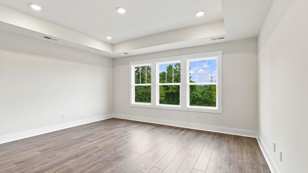 Elegant primary suite with hardwood flooring, tray ceiling, and superior natural light in this accomplished DRB Homes design