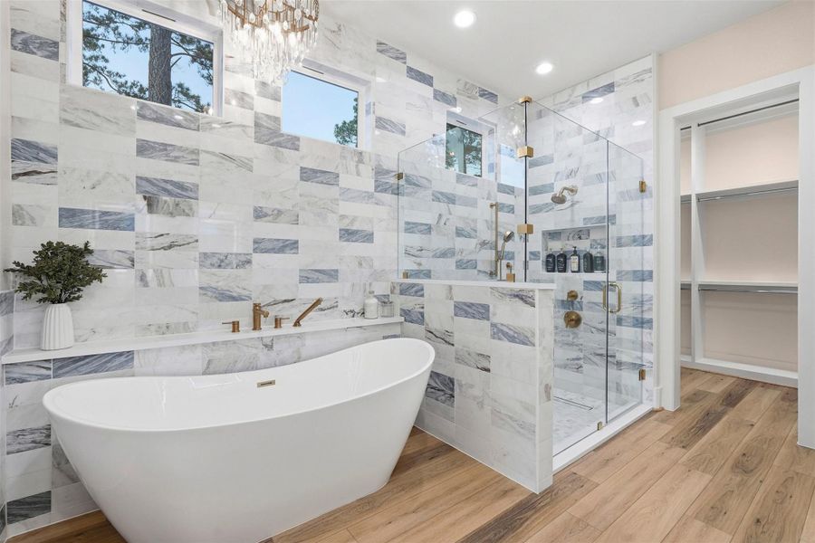 Oversized Shower, Extensive Tile, Chandelier, Soaking Tub