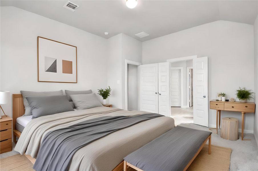 *Virtually Staged* Escape and relax in the exquisite primary suite, a haven to unwind after a long day. The spacious room, located on first floor, boasts plush carpeting, soothing paint tones, high ceilings, and expansive windows adorned with privacy blinds. Sample photo of completed home with similar floor plan. Actual colors and selections may vary.