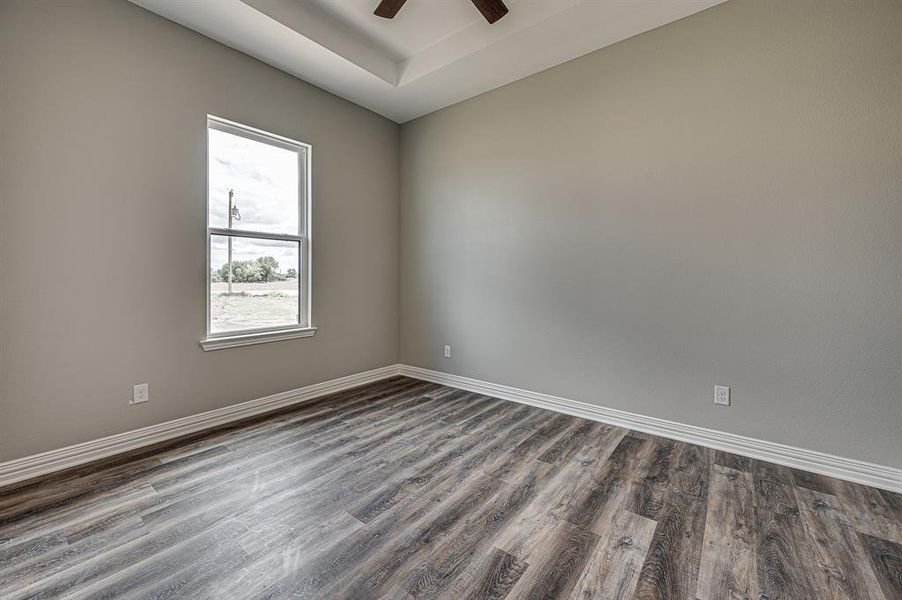 Unfurnished room featuring ceiling fan, hardwood / wood-style flooring, and a tray ceiling