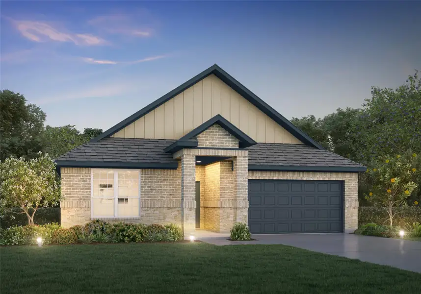 Front exterior of a new home in Bluestem, Brookshire, TX, highlighting curb appeal (Image 1). Front exterior of a new home in Bluestem, Brookshire, TX, highlighting curb appeal (Image 1).