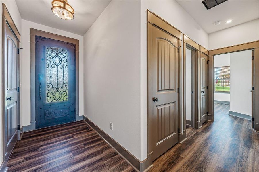 Entryway with dark wood-style floors and healthy amount of natural light