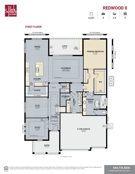 2D floor plan layout for the Redwood II by Park Square Residential in Tamarack at Two Rivers, Zephyrhills, FL (Image 3).