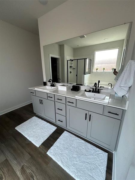 Full bathroom featuring a shower stall, double vanity, and dark wood finished floors Full bathroom featuring a shower stall, double vanity, and dark wood finished floors
