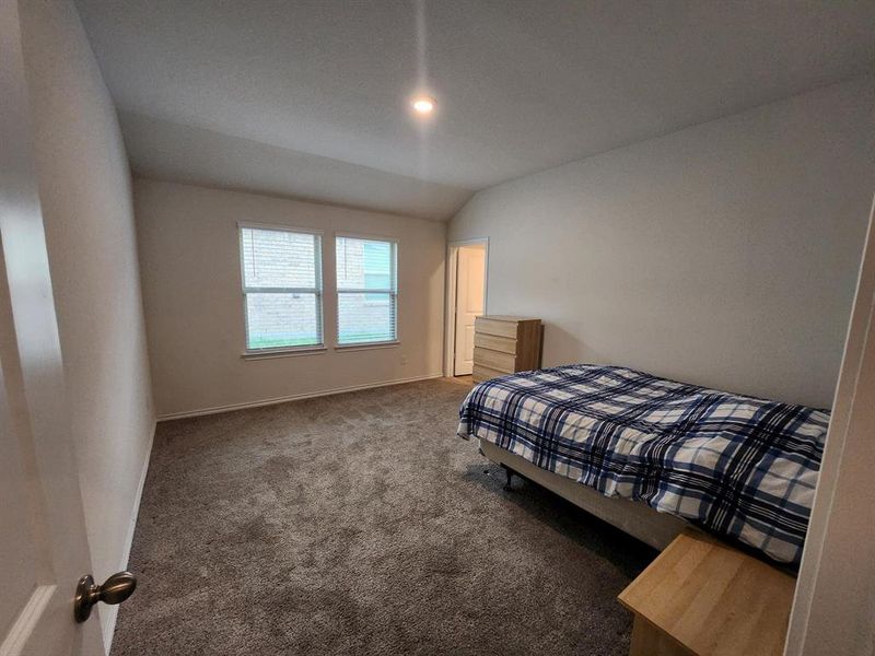 Carpeted bedroom with lofted ceiling and baseboards