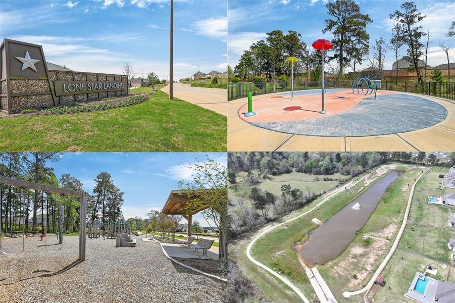 Lone Star Landing includes multiple walking/jogging paths, an expansive playground and splash pad.  All zoned to Lake Creek schools.