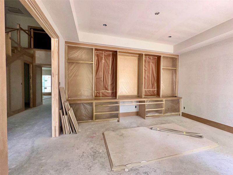 Handcrafted floor to ceiling shelving and cabinetry in the elegant study - under construction Handcrafted floor to ceiling shelving and cabinetry in the elegant study - under construction