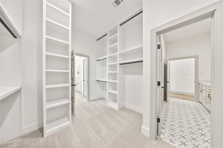 Walk in closet with light carpet