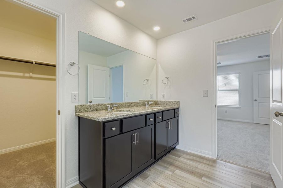 Bathroom featuring a spacious closet, double vanity, light wood-style flooring, recessed lighting, and light carpet Bathroom featuring a spacious closet, double vanity, light wood-style flooring, recessed lighting, and light carpet