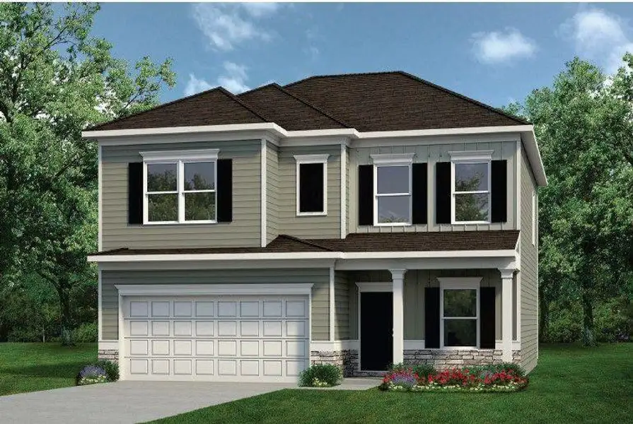 Front exterior of a new home in Glen at Cave Springs, Douglasville, GA, highlighting curb appeal (Image 1). Front exterior of a new home in Glen at Cave Springs, Douglasville, GA, highlighting curb appeal (Image 1).