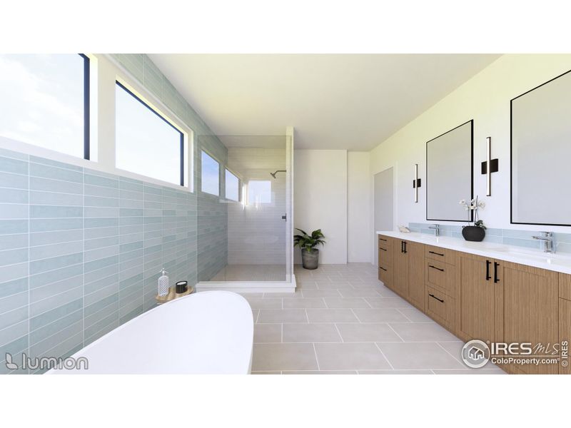 Primary Spa Bathroom Highlighted By A Free Standing Bain Ultra Soaking Tub, A Heated Tile Floor, Large Shower, Double Vanity And Private Commode