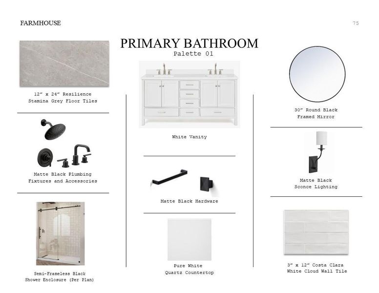 Farmhouse Look Palette 1: Primary Bathroom Selection Sheet (*Artist rendering used for illustration purposes only.) Farmhouse Look Palette 1: Primary Bathroom Selection Sheet (*Artist rendering used for illustration purposes only.)