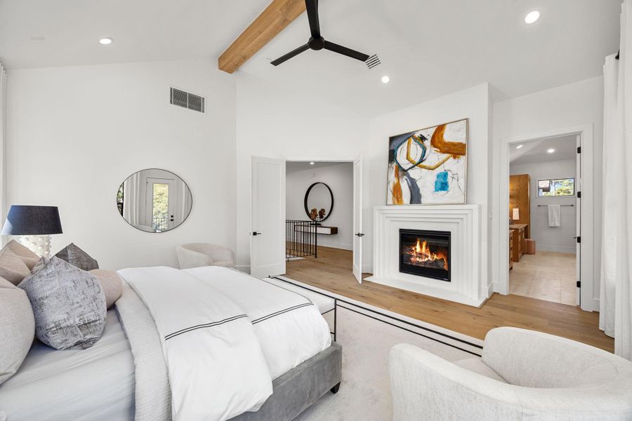 Primary Bedroom features wood floors, entrance to private 2nd floor balcony, Fire Place Hearth & stunning Bathroom & Walk-in closet. Primary Bedroom features wood floors, entrance to private 2nd floor balcony, Fire Place Hearth & stunning Bathroom & Walk-in closet.