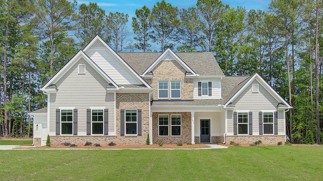 Representative exterior photo of a completed home built from the Emerson II by DRB Homes in Saddleridge, Senoia, GA (Image 2). Representative exterior photo of a completed home built from the Emerson II by DRB Homes in Saddleridge, Senoia, GA (Image 2).