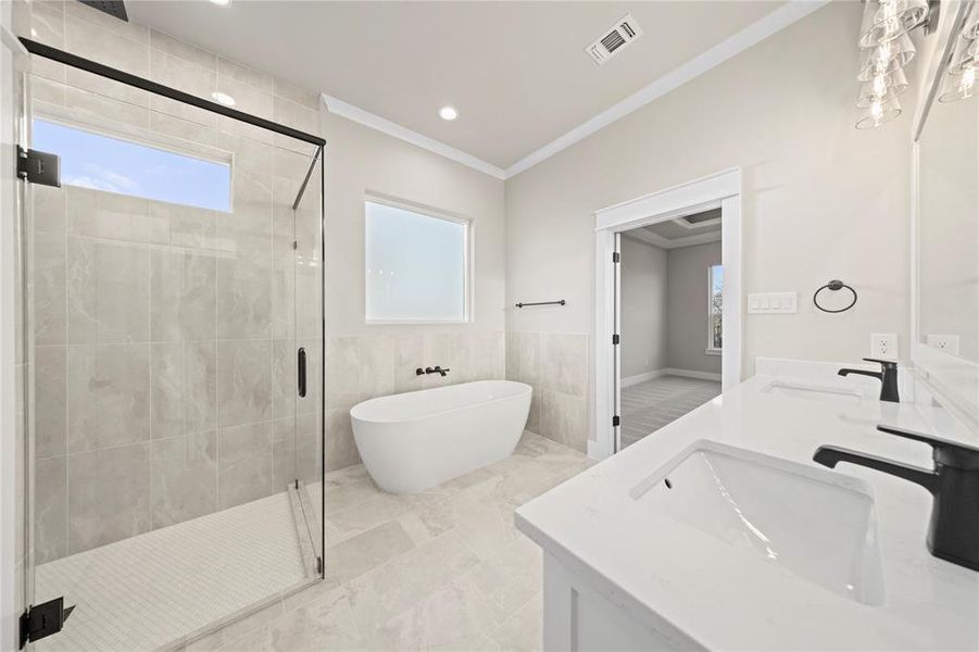 Full bath featuring a freestanding tub, plenty of natural light, a shower stall, double vanity, and tile walls