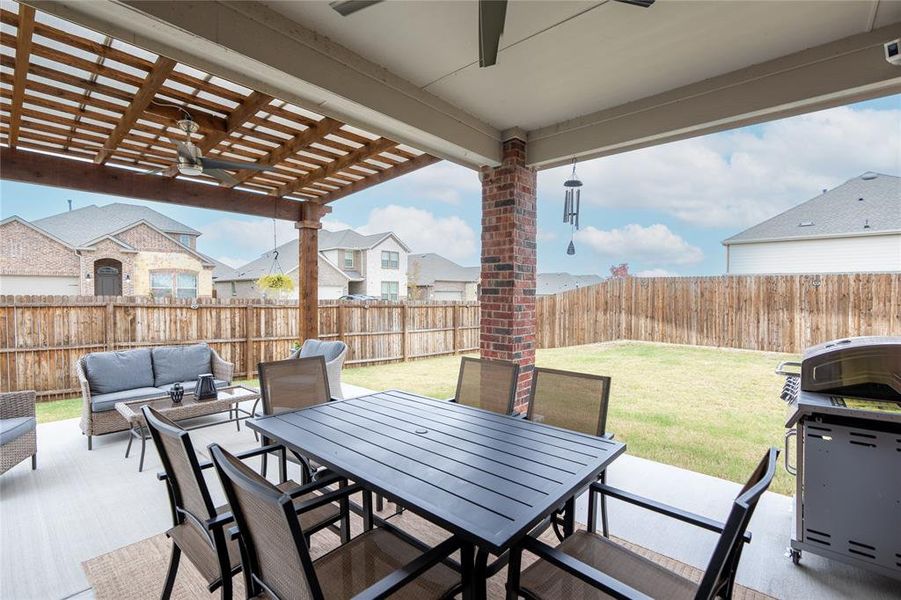 View of patio / terrace featuring outdoor lounge area and a pergola