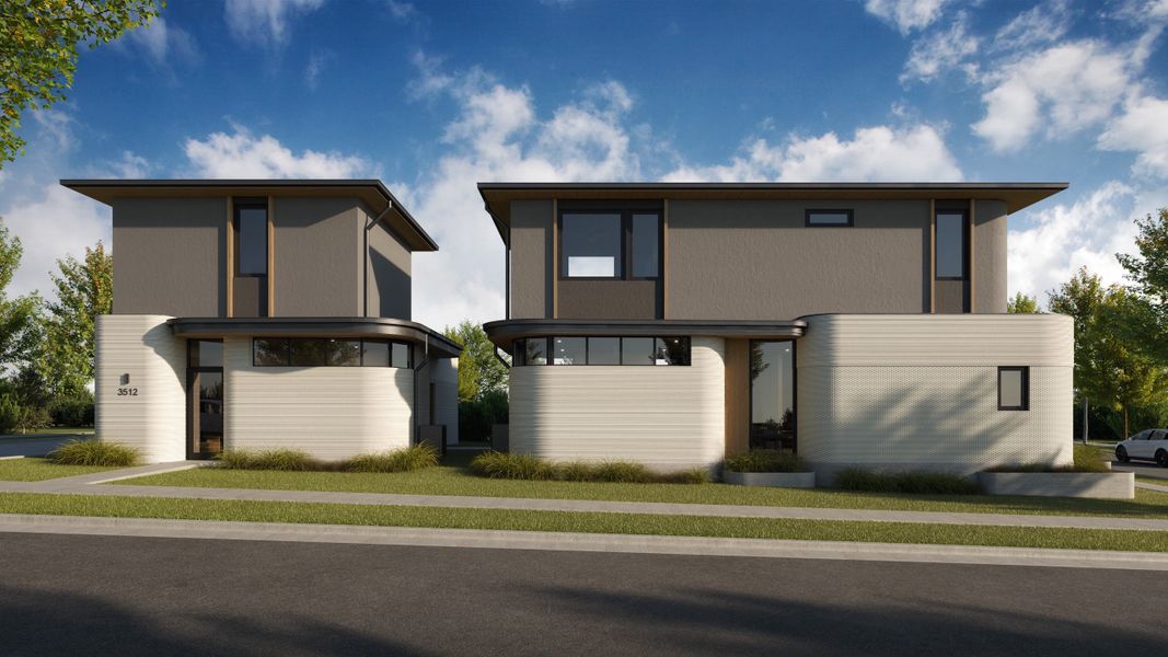 Representative exterior photo of a completed home built from the 3 Bedroom by ICON Technology in Mueller, Austin, TX (Image 2). Representative exterior photo of a completed home built from the 3 Bedroom by ICON Technology in Mueller, Austin, TX (Image 2).