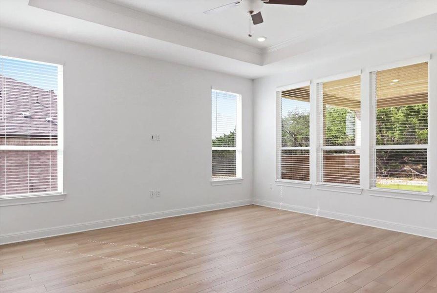 Sun-filled primary bedroom with light wood flooring and a recessed ceiling. Sun-filled primary bedroom with light wood flooring and a recessed ceiling.