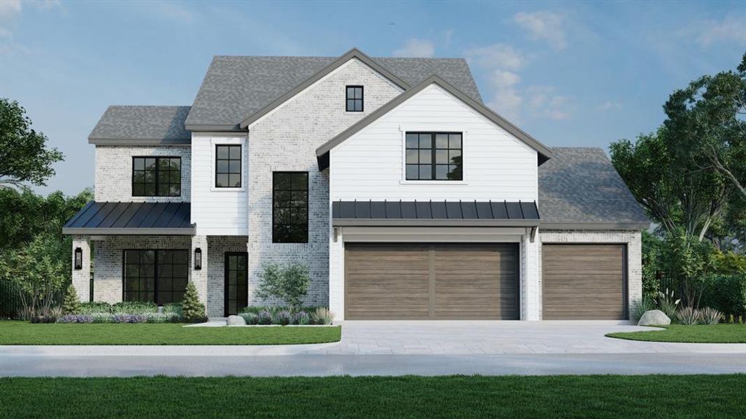 Exquisite custom build by multiple award winning Matt Powers Custom Homes located on the 8th hole of The Woodlands Country Club Tournament Course. Photo rendering of front exterior.