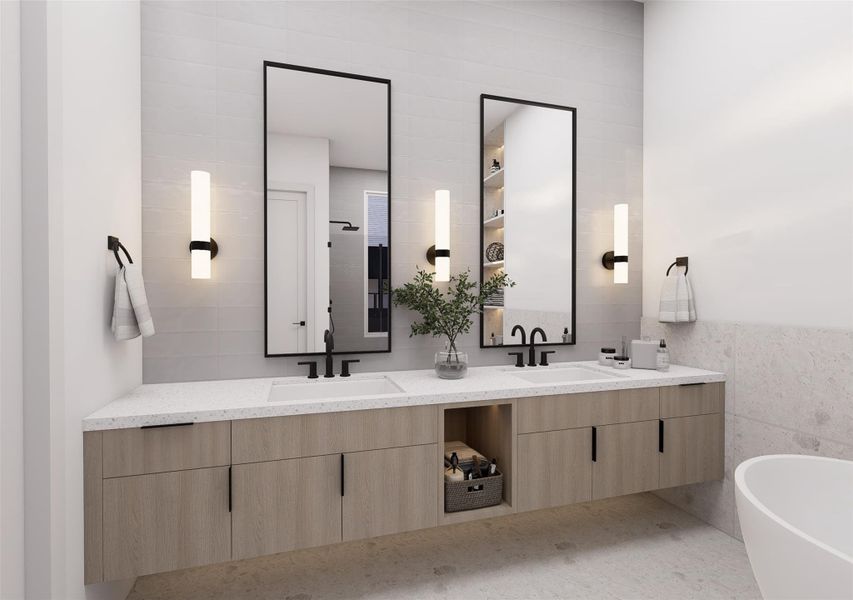 A spa-inspired primary bath featuring a sleek double vanity, floating cabinetry, modern black fixtures, and soft designer lighting for a clean, calming feel.