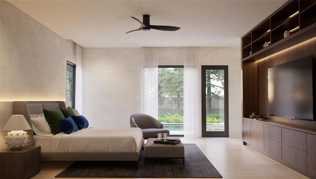 Bedroom with ceiling fan, access to outside, and light wood finished floors