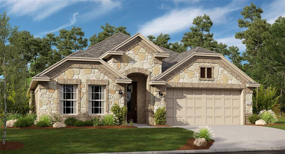 View of front of home featuring a front lawn and a garage