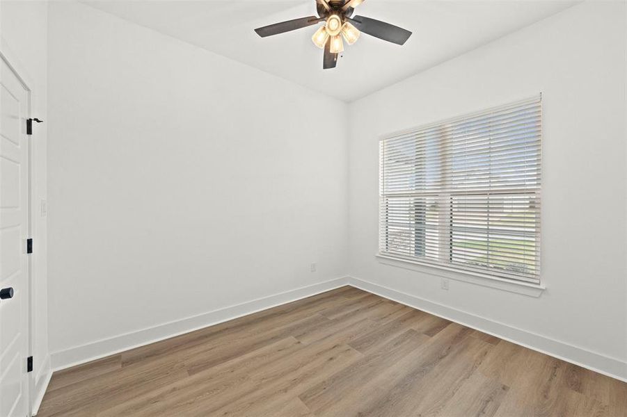 Unfurnished room with light wood-type flooring and a ceiling fan