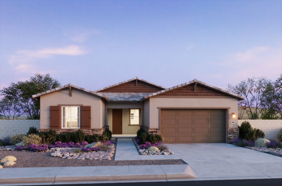 Representative exterior photo of a completed home built from the 4501 by Risewell Homes in The Estates at Frontera, Surprise, AZ (Image 2). Representative exterior photo of a completed home built from the 4501 by Risewell Homes in The Estates at Frontera, Surprise, AZ (Image 2).