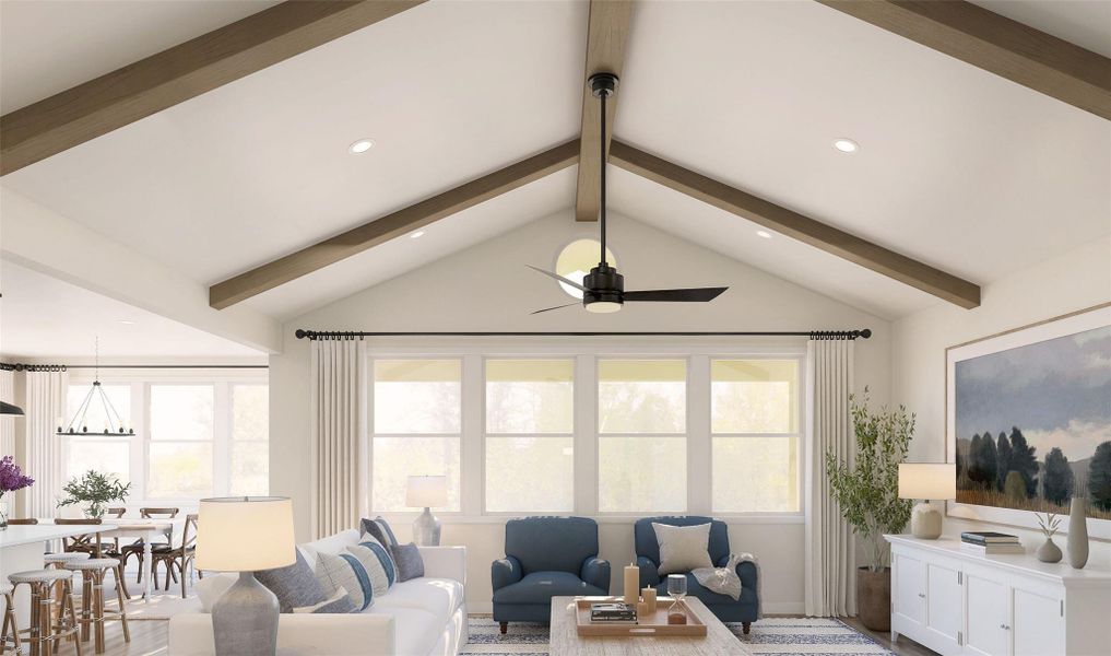 Impressive great room with vaulted ceilings and stained beams (*Artist rendering used for illustration purposes only.)