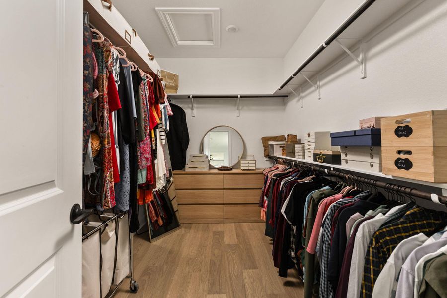 Walk-in closet featuring wood-finish flooring, built-in shelving, hanging rods, recessed lighting, and a skylight