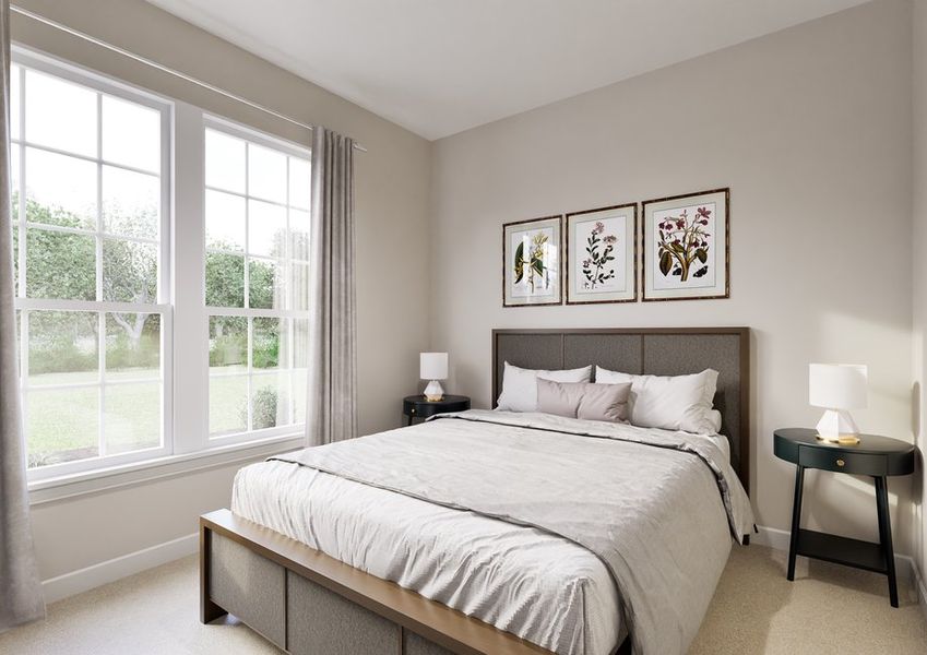 Bright bedroom with a cozy bed, light gray bedding, and two side tables with lamps. Large window with gray curtains, and floral artwork on the wall. Bright bedroom with a cozy bed, light gray bedding, and two side tables with lamps. Large window with gray curtains, and floral artwork on the wall.