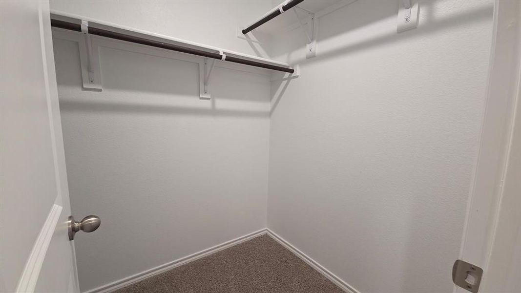 Walk-in closet featuring light gray carpeting, white walls, and dual-level hanging rods with shelving Walk-in closet featuring light gray carpeting, white walls, and dual-level hanging rods with shelving