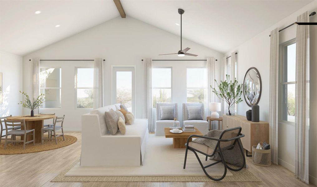 Bright and airy great room and dining area (*Artist rendering used for illustration purposes only.)