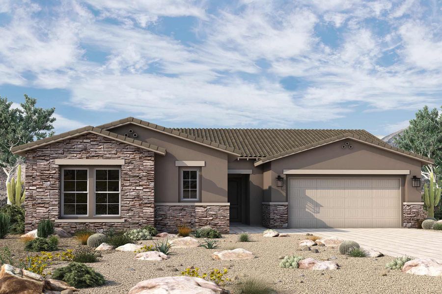 Front exterior of a new home in Meridian at Northpointe at Vistancia, Peoria, AZ, highlighting curb appeal (Image 2). Front exterior of a new home in Meridian at Northpointe at Vistancia, Peoria, AZ, highlighting curb appeal (Image 2).
