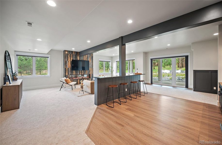 Great room in basement overlooking the forest