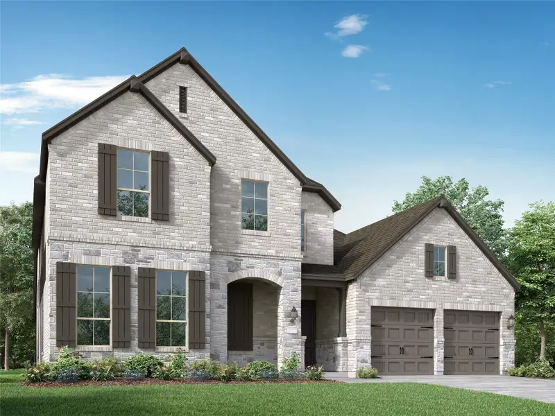 Front exterior of a new home in Meridiana, Manvel, TX, highlighting curb appeal (Image 1). Front exterior of a new home in Meridiana, Manvel, TX, highlighting curb appeal (Image 1).