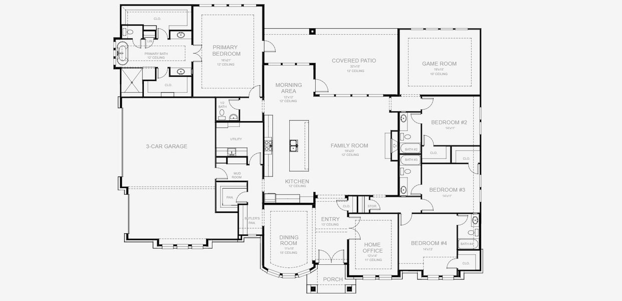 2D floor plan layout for the 3716A by Perry Homes in Bristol Valley, Rockwall, TX (Image 3).