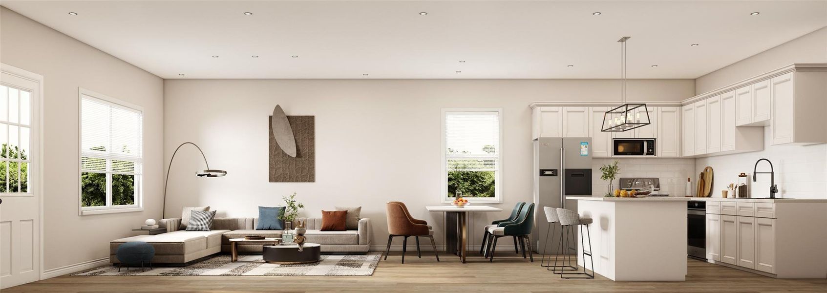 A view of the open living space with a 10-foot high ceiling. Example photo, virtually staged A view of the open living space with a 10-foot high ceiling. Example photo, virtually staged