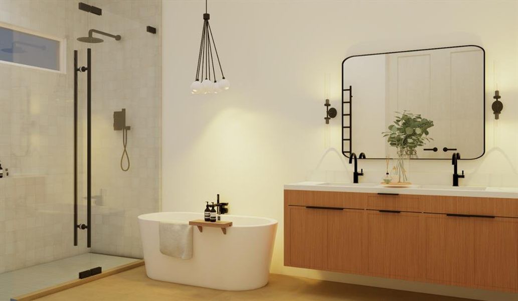 Full bath featuring double vanity and a shower stall