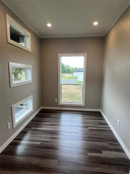Spare room featuring healthy amount of natural light, dark wood-type flooring, and recessed lighting