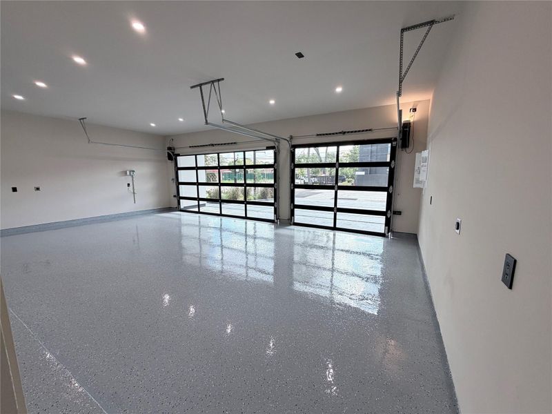 Three car garage with epoxy floors