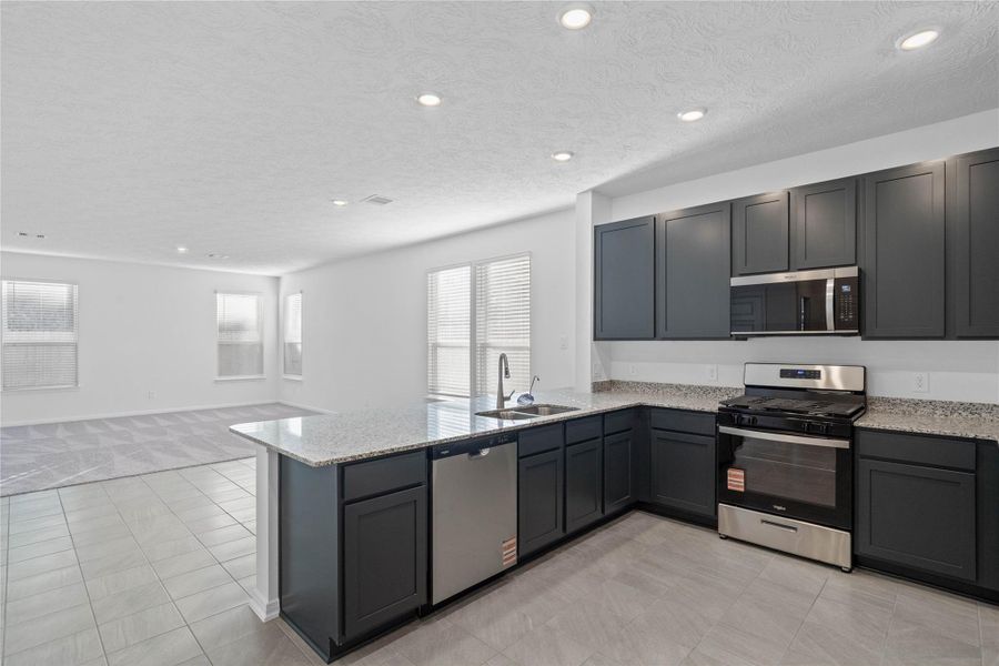 The kitchen features high ceilings, recessed lighting, Woodmont Cody cabinets in Ginger stain,  granite countertops in Black Mist, SS appliances including microwave, and a pantry all overlooking your huge Great Room.