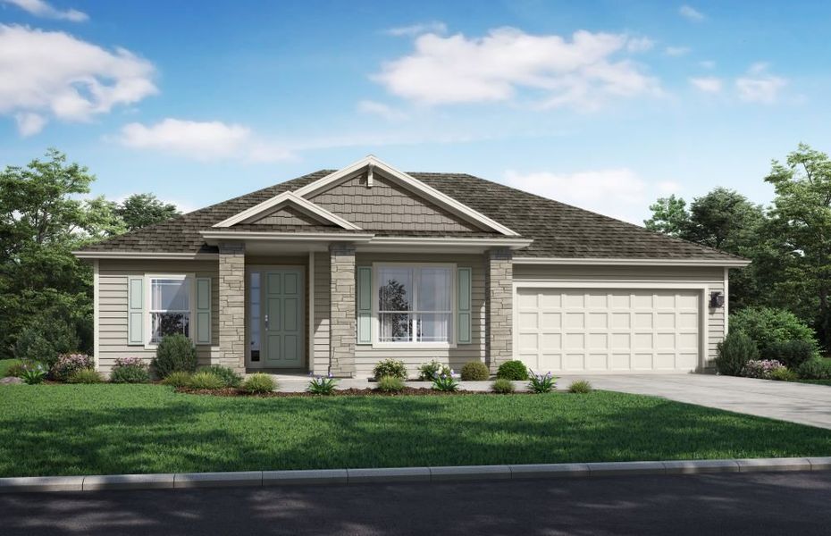 Representative exterior photo of a completed home built from the Evergreen by SEDA New Homes in Weston Woods, Jacksonville, FL (Image 5). Representative exterior photo of a completed home built from the Evergreen by SEDA New Homes in Weston Woods, Jacksonville, FL (Image 5).