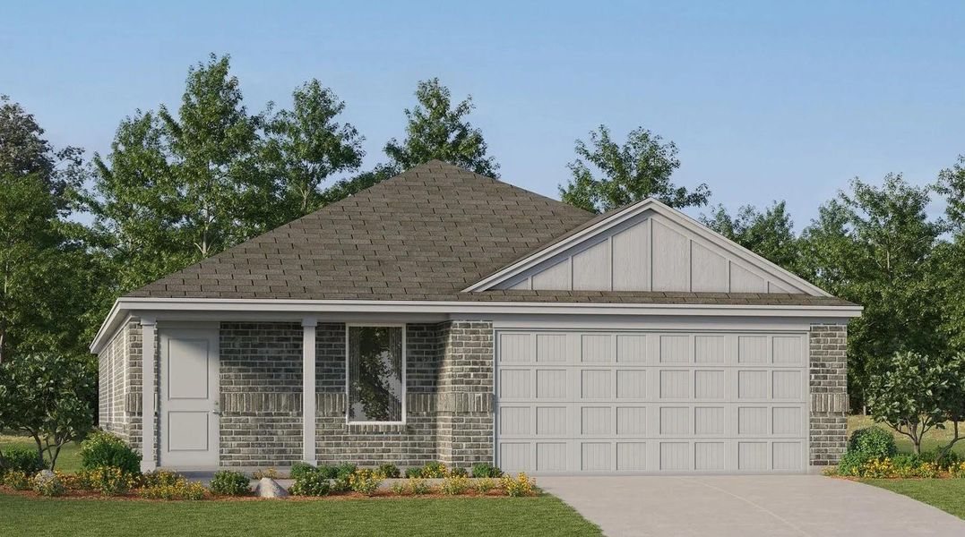 Front exterior of a new home in The Grand Prairie, Hockley, TX, highlighting curb appeal (Image 1). Front exterior of a new home in The Grand Prairie, Hockley, TX, highlighting curb appeal (Image 1).