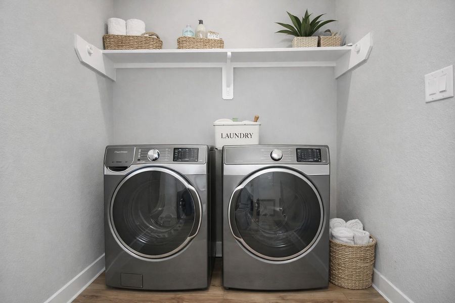 Dedicated laundry room with full-size washer and dryer and convenient storage shelf. Functional and thoughtfully designed for everyday ease.