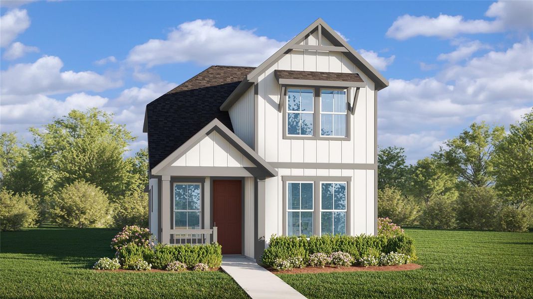 View of front facade featuring a front lawn, board and batten siding, and a shingled roof View of front facade featuring a front lawn, board and batten siding, and a shingled roof
