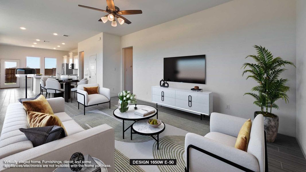Living area with recessed lighting, wood finished floors, and a ceiling fan