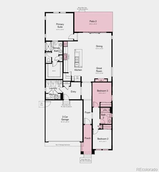 Structural options added include: additional bedroom, sliding glass door to patio, fireplace, 2' garage extension, door to primary bath, outdoor living.