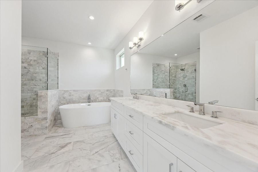 Primary Bathroom * Double Sinks * Marble Counters and Floors. Primary Bathroom * Double Sinks * Marble Counters and Floors.