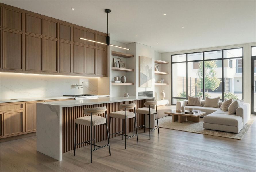 Rendering: First Floor living space with chef's kitchen and family room